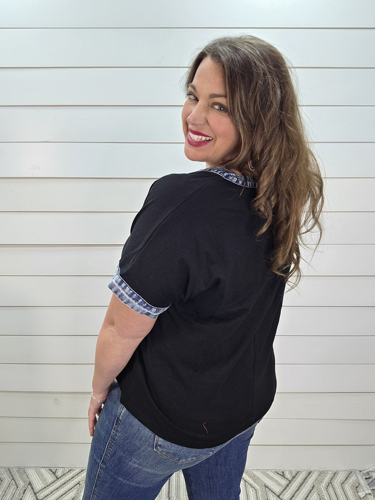 BLACK/DENIM CONTRAST KNIT TOP
