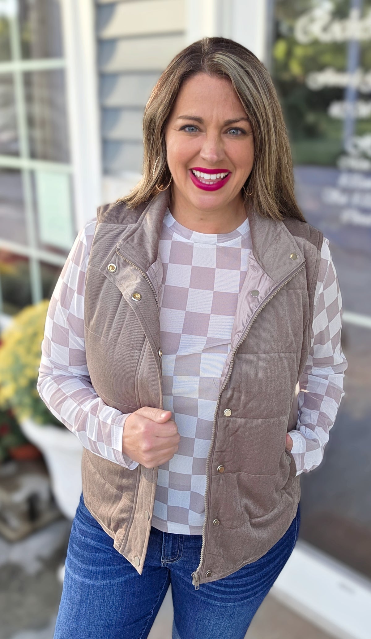 MOCHA MINI CORD PUFFER SNAP BUTTON VEST