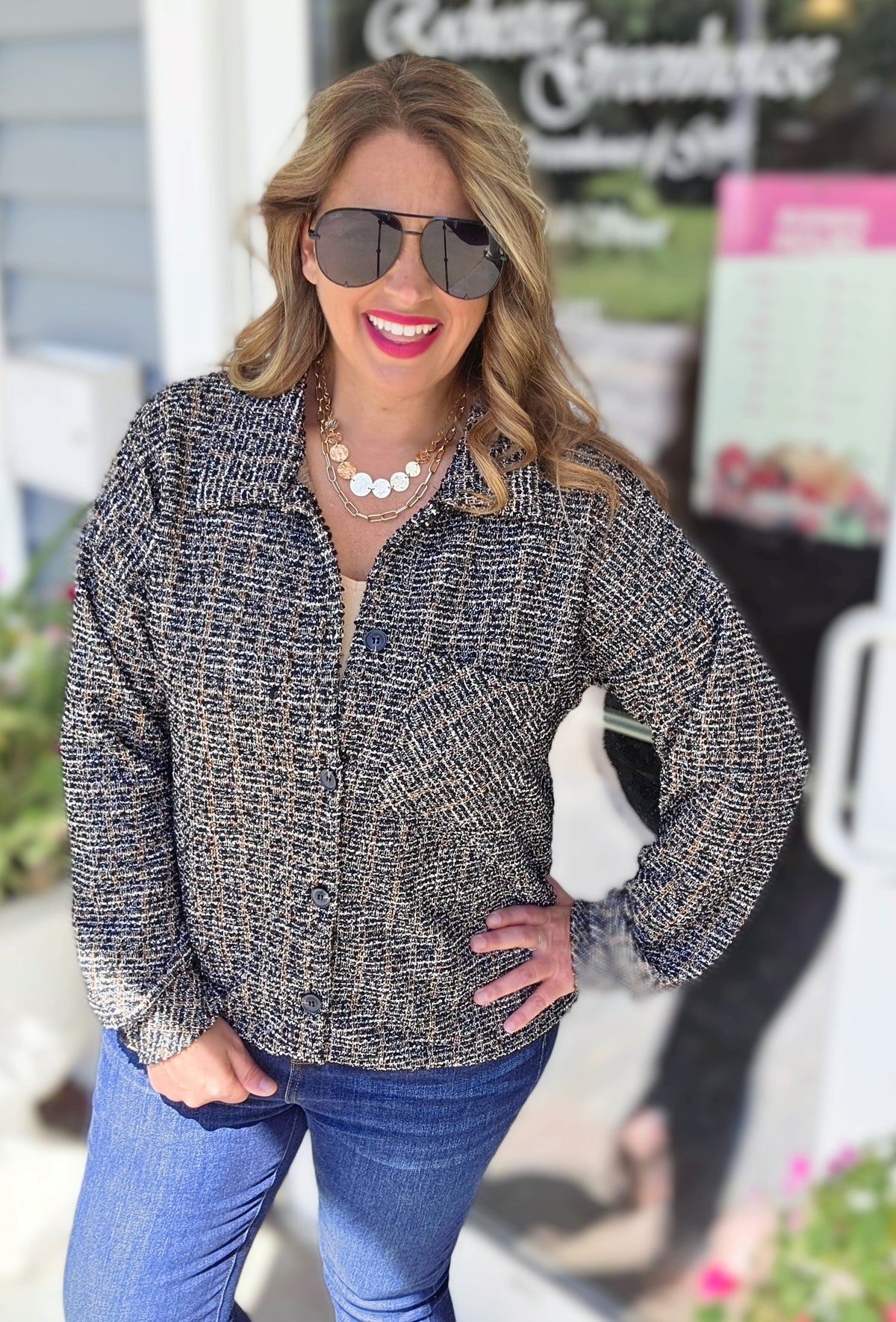 BLACK/GLITZ BUTTON DOWN SOFT TWEED TOP