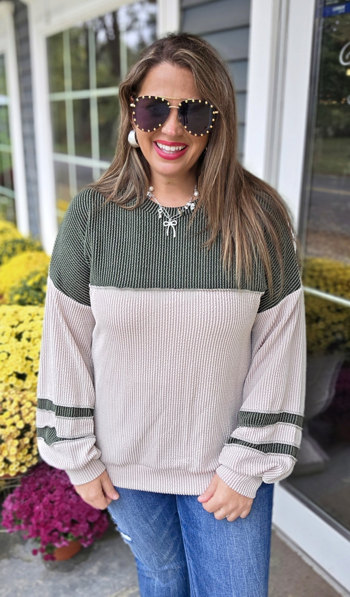 TAUPE/OLIVE RAISED RIBBED COLORBLOCK KNIT TOP