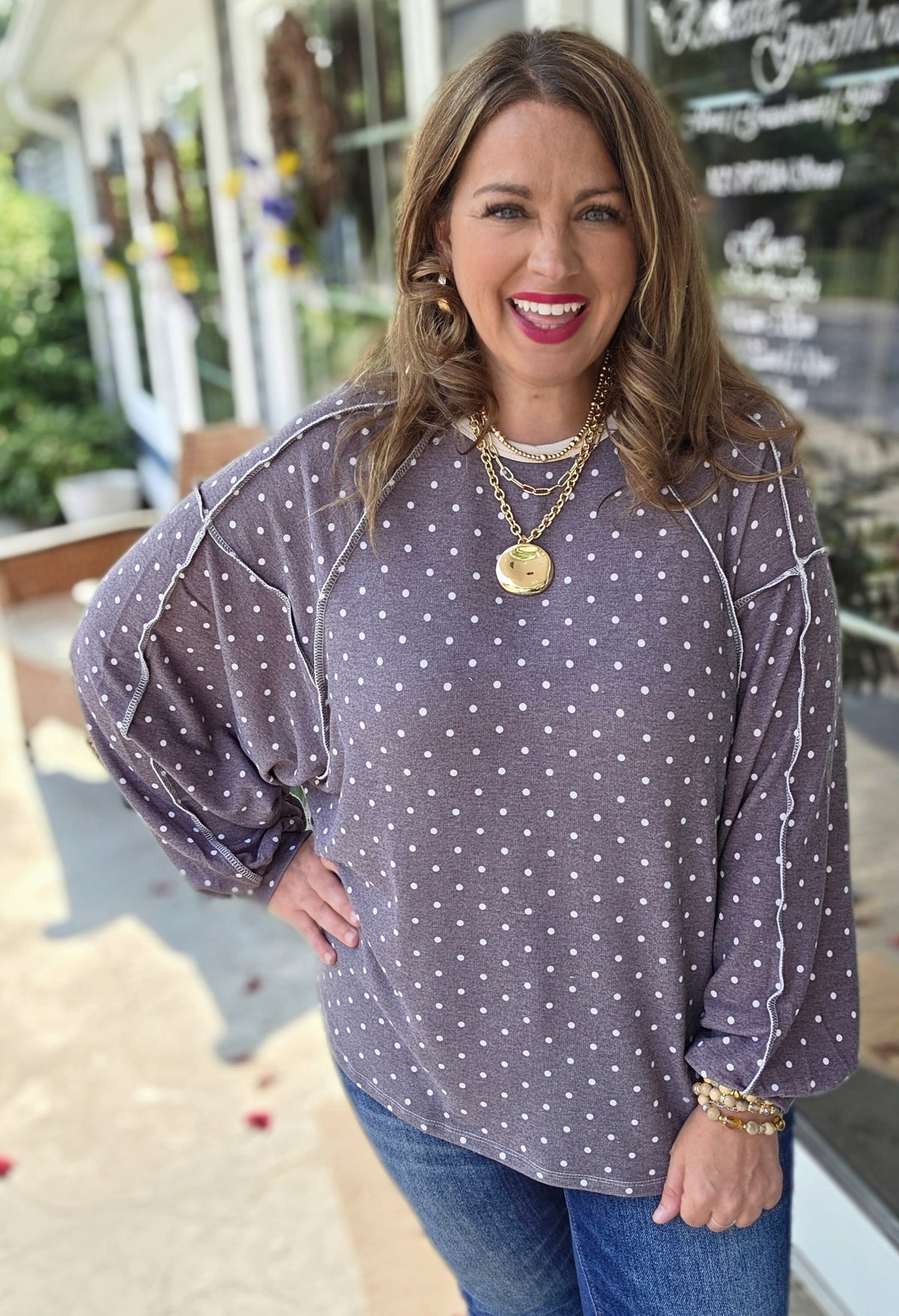 BROWN KNIT POLKADOT LOOSE KNIT TOP