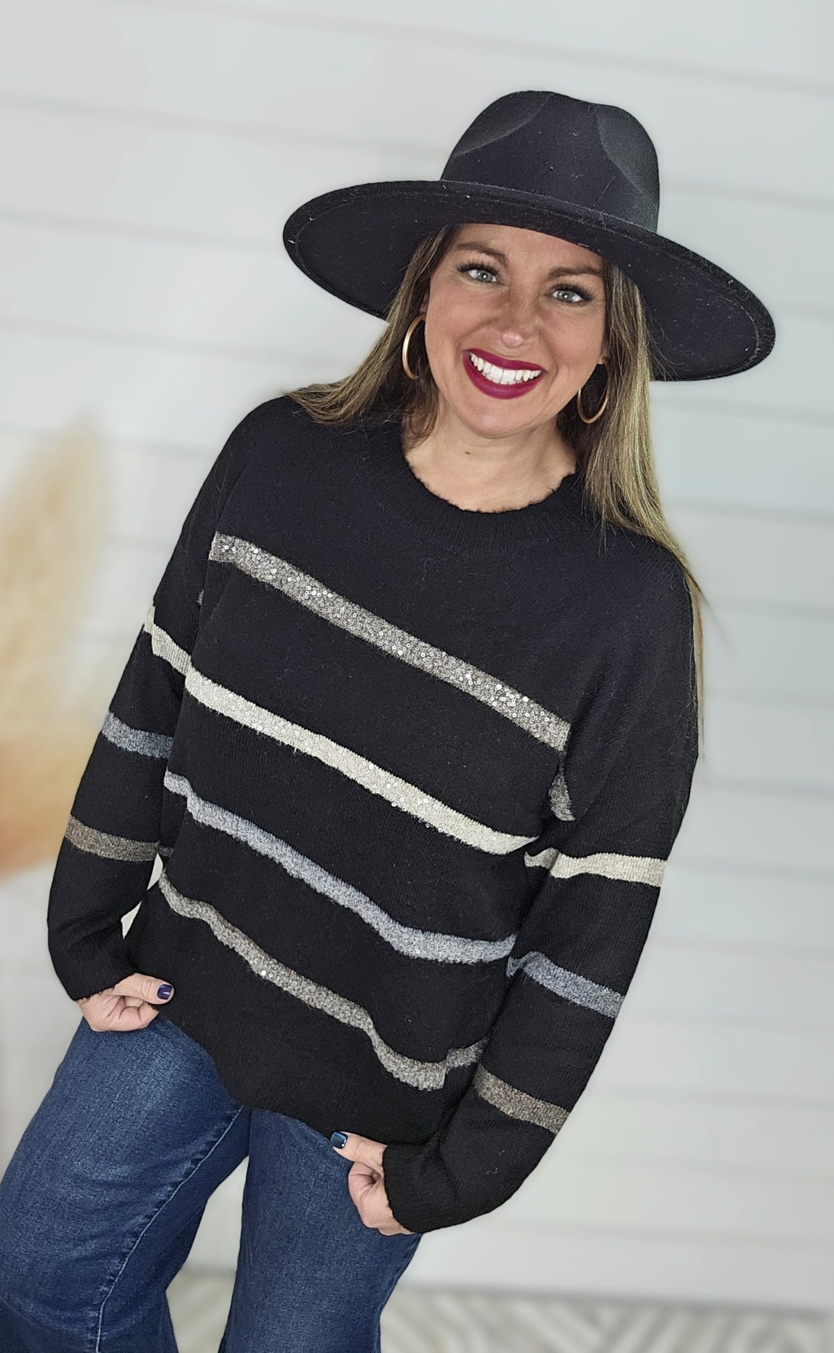 BLACK MULTI STRIPE SHIMMER SOFT SWEATER