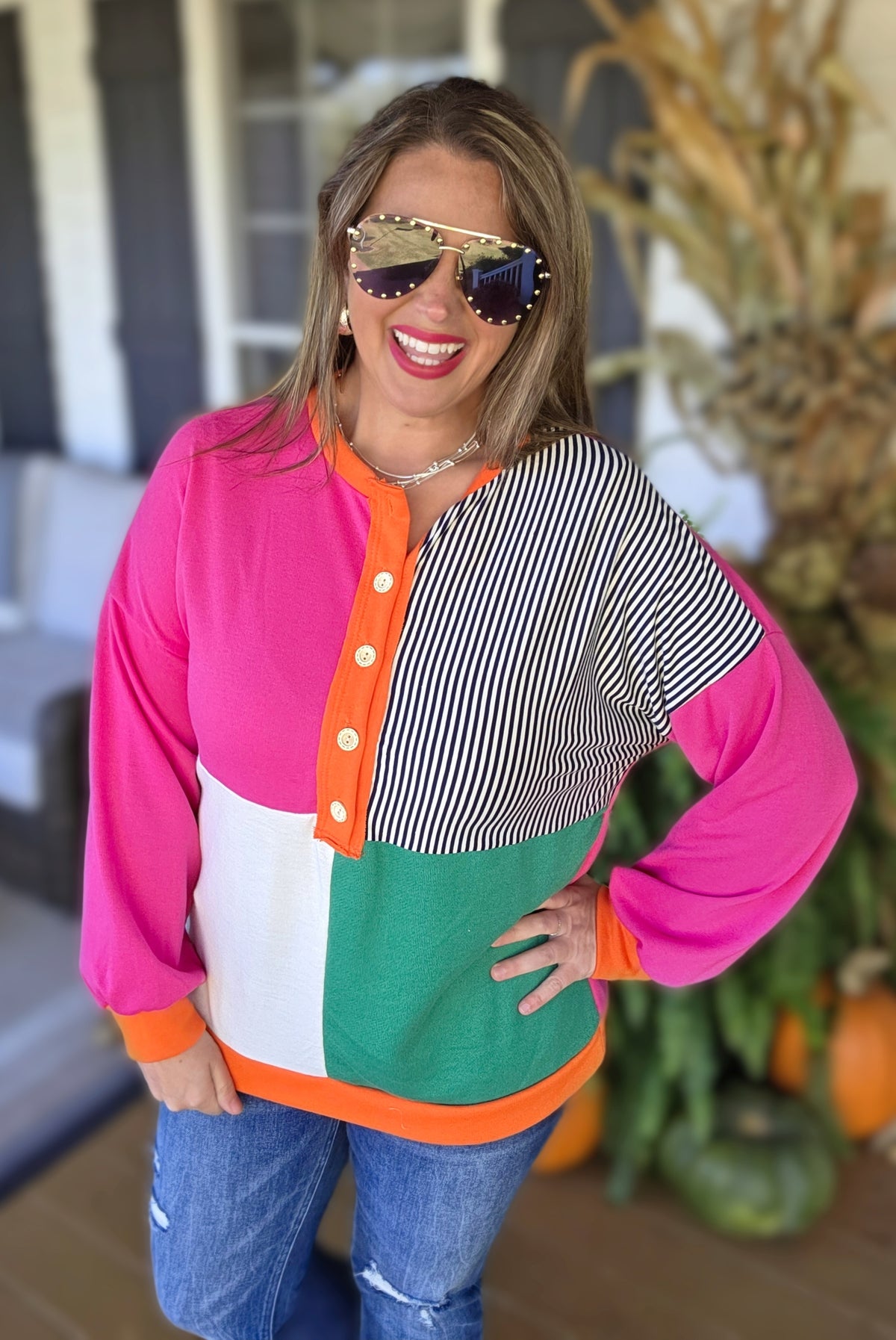 MULTI COLOR BLOCK FRENCH TERRY HENLEY TOP