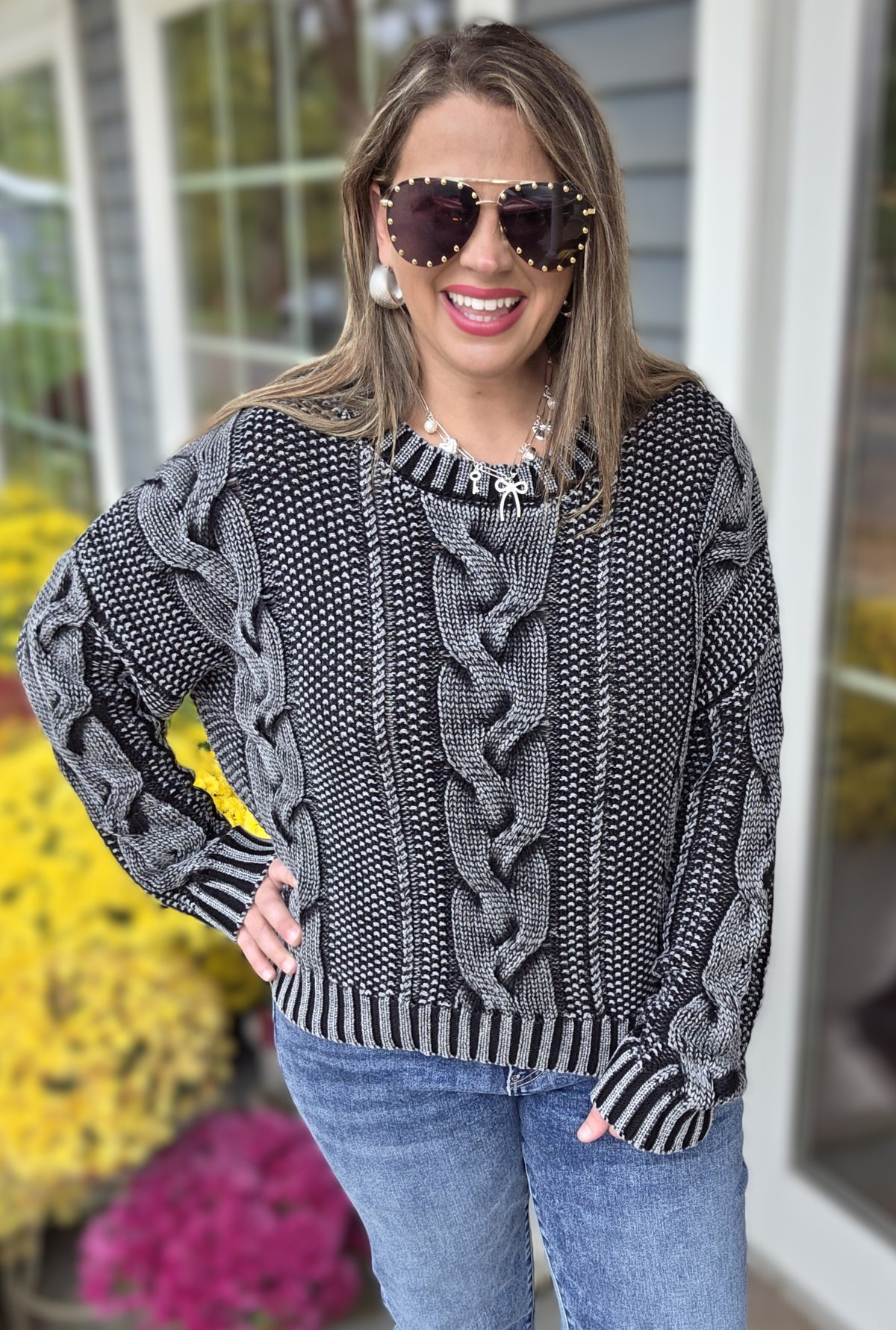 CHARCOAL MINERAL WASH CABLE KNIT SWEATER