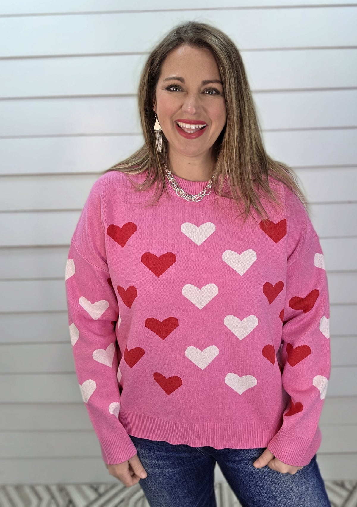 HOT PINK HEART CREW NECK SWEATER