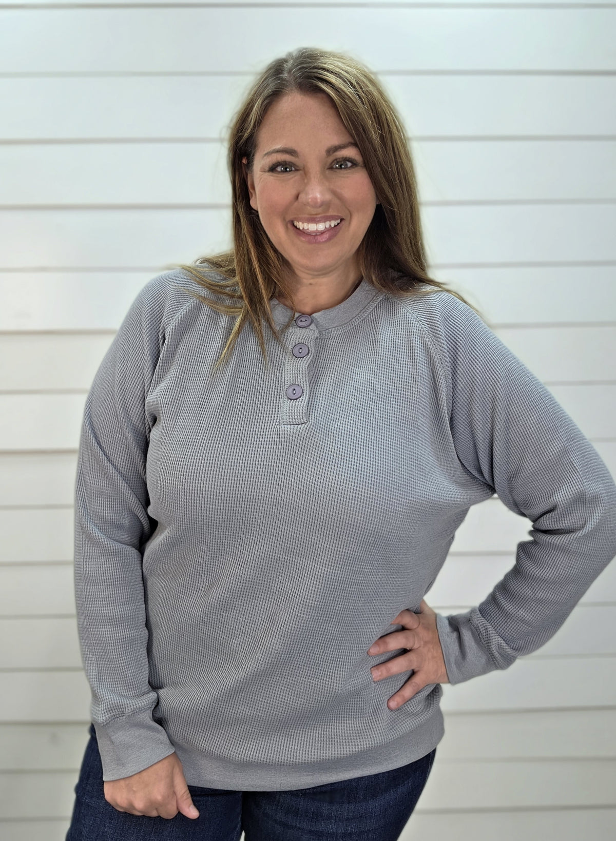 STEEL GREY WAFFLE TEXTURED BUTTON HENLEY KNIT TOP