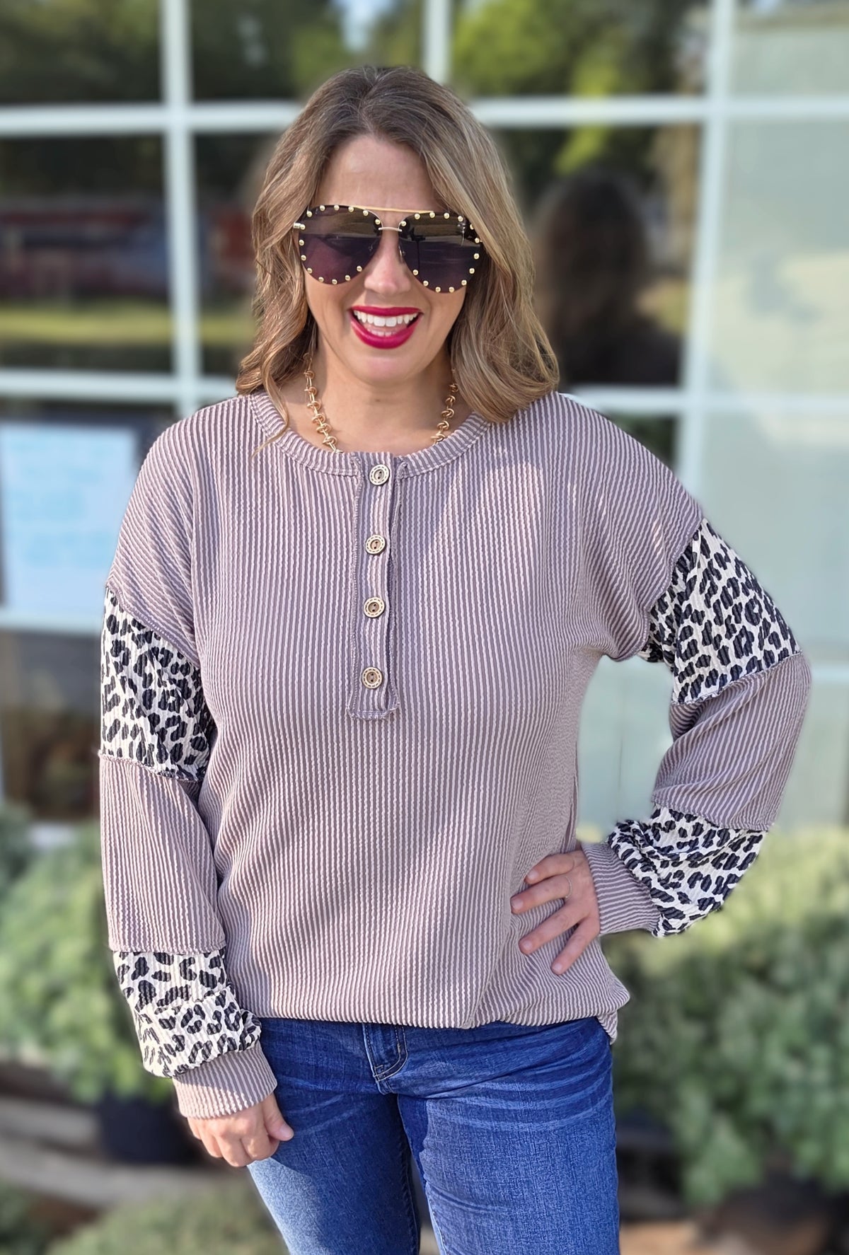 TAUPE RAISED RIBBED LEOPARD CONTRAST HENLEY