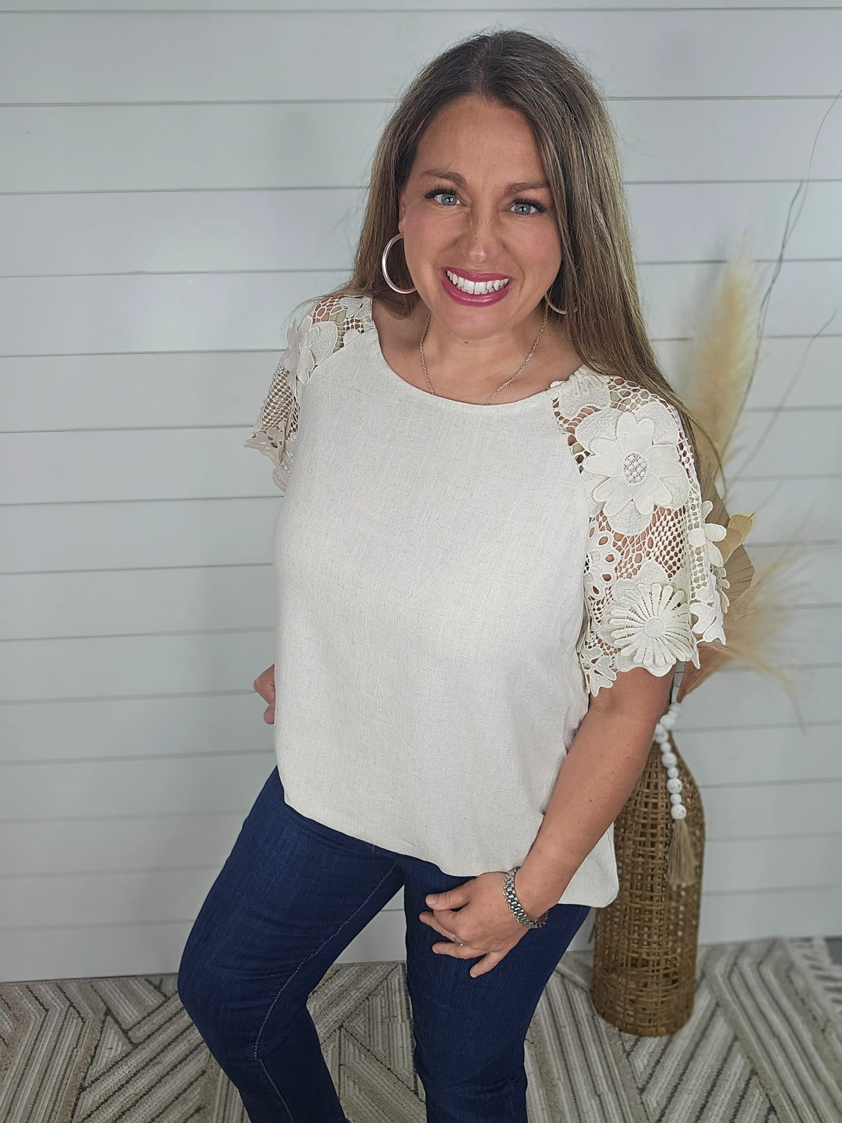 OATMEAL 3D FLORAL LACE RAGLAN TOP