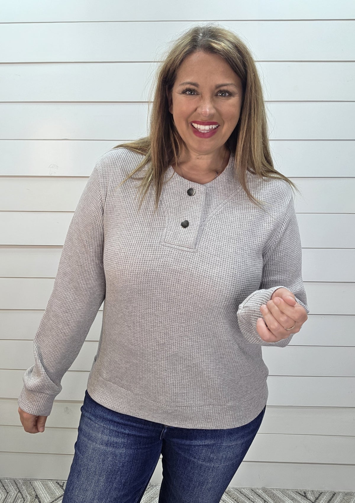 Heather Grey Waffle Knit Half Button Pullover