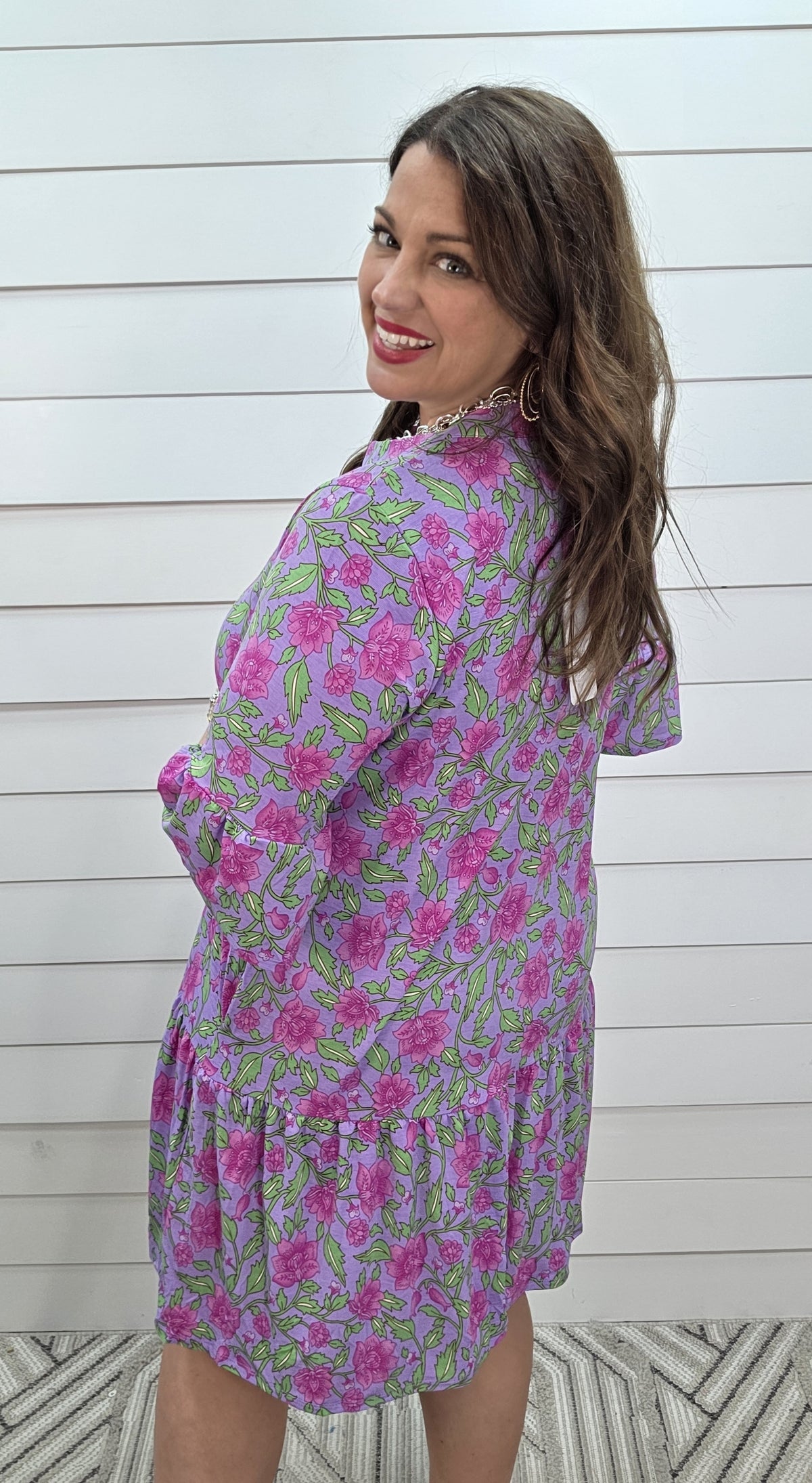 DEAR SCARLETT SUNDAY 3/4 SLEEVE RUFFLE DETAIL DRESS - LAVENDER/PINK FLORAL