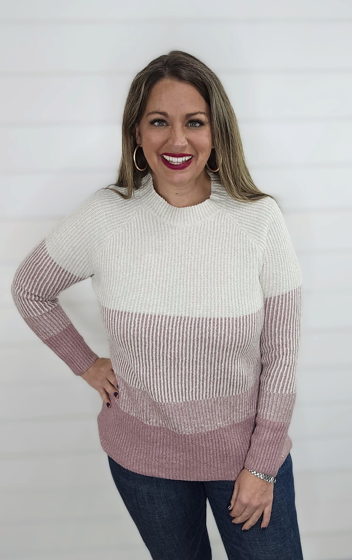 MAUVE/CREAM COLORBLOCK RIBBED SUPER SOFT PULLOVER SWEATER