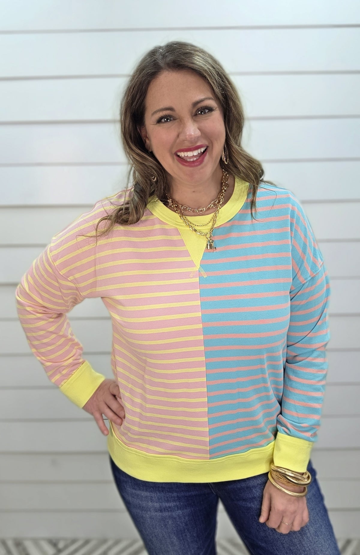 PINK/LEMON/BLUE STRIPED CONTRAST FRENCH TERRY COLORBLOCK WITH CENTER SEAM