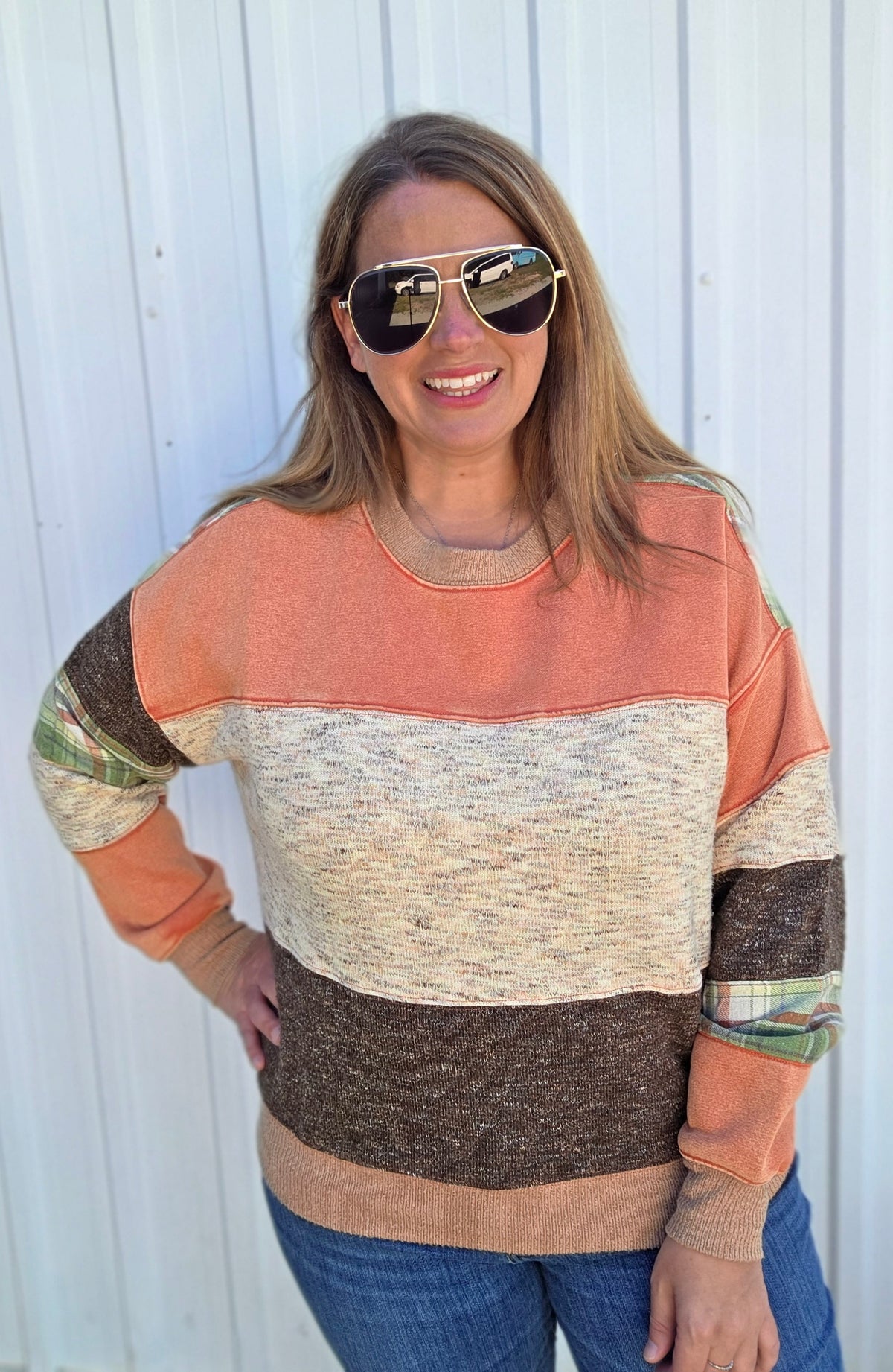 RUST MIX FABRIC/PLAID PULLOVER