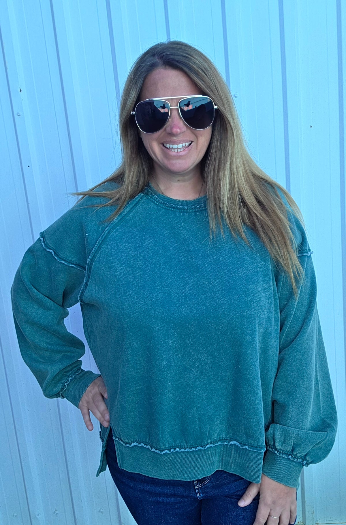 Green Mineral Wash Soft Fleeve Lined Oversized Pullover