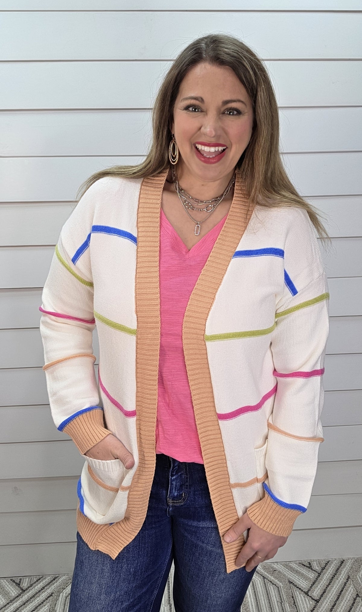 WHITE MULTI BRIGHT COLOR STRIPED KNIT CARDIGAN