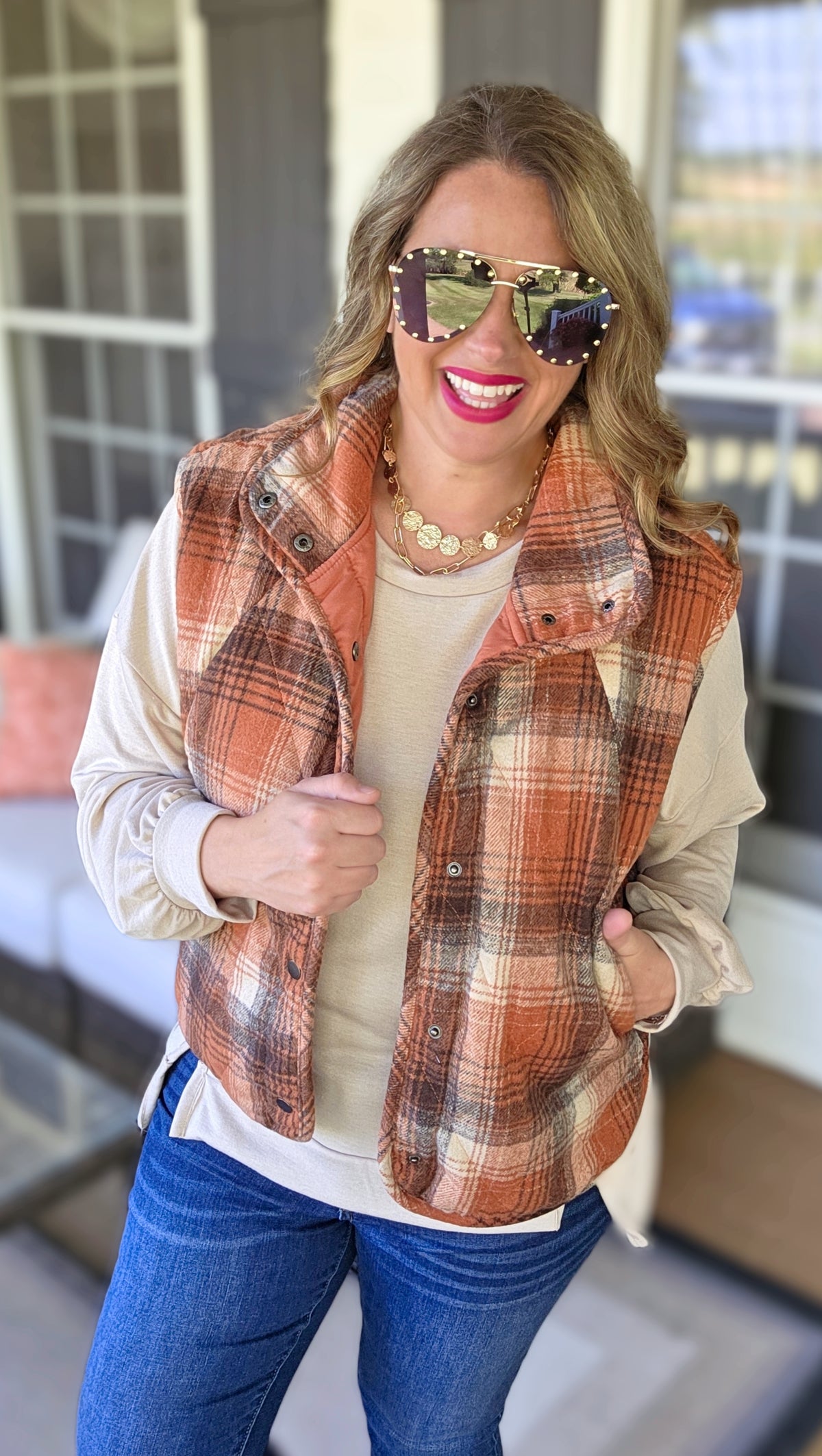 RUST PLAID SNAP BUTTON VEST