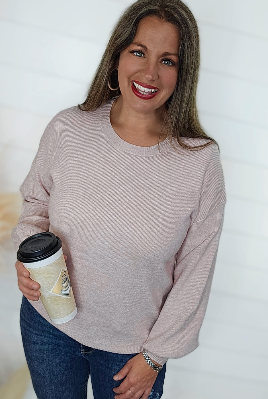 HEATHER PEONY ULTRA SOFT RIBBED CREW NECK TOP