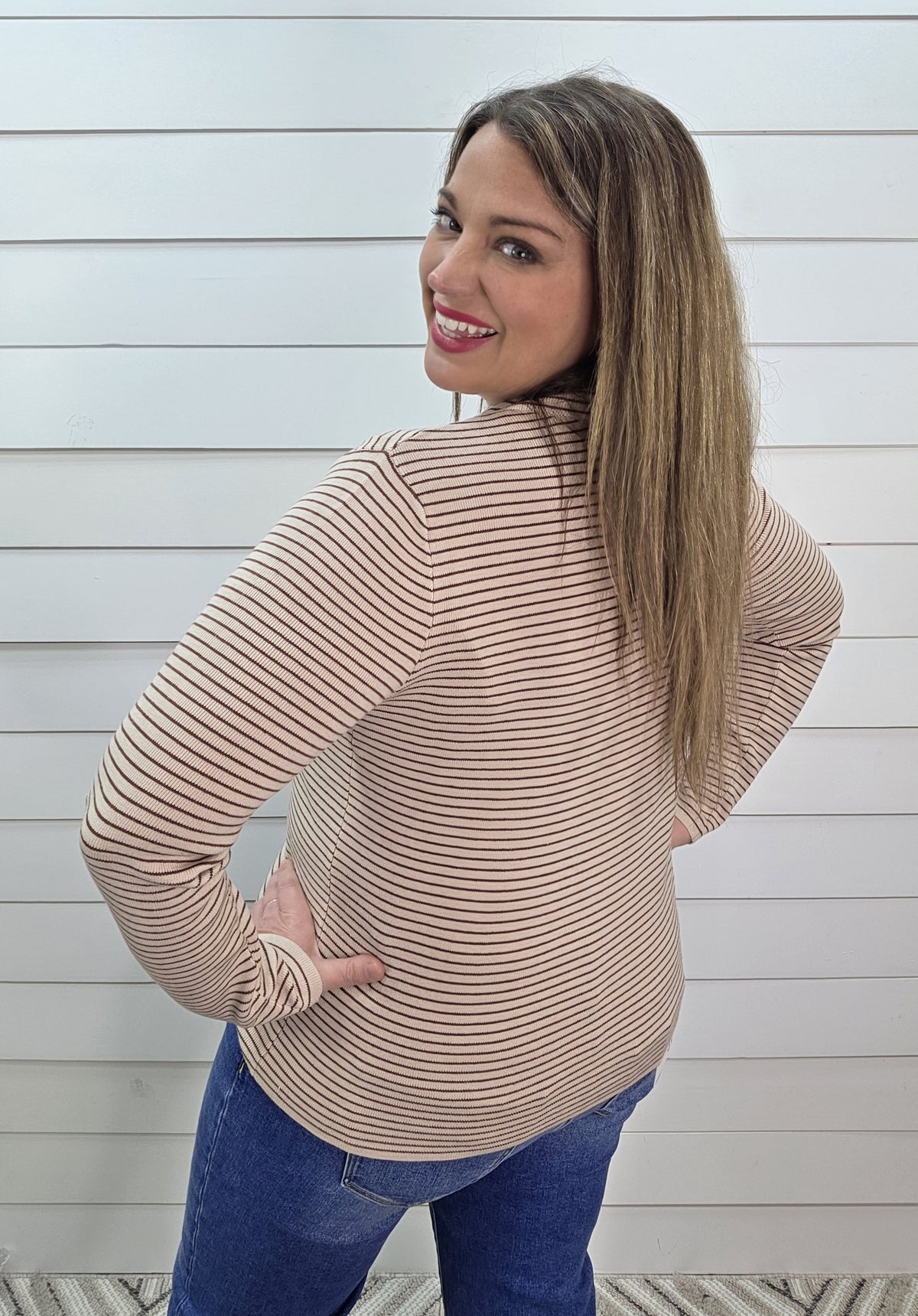TAUPE PINSTRIPE MOCK NECK PULLOVER LIGHT WEIGHT SWEATER