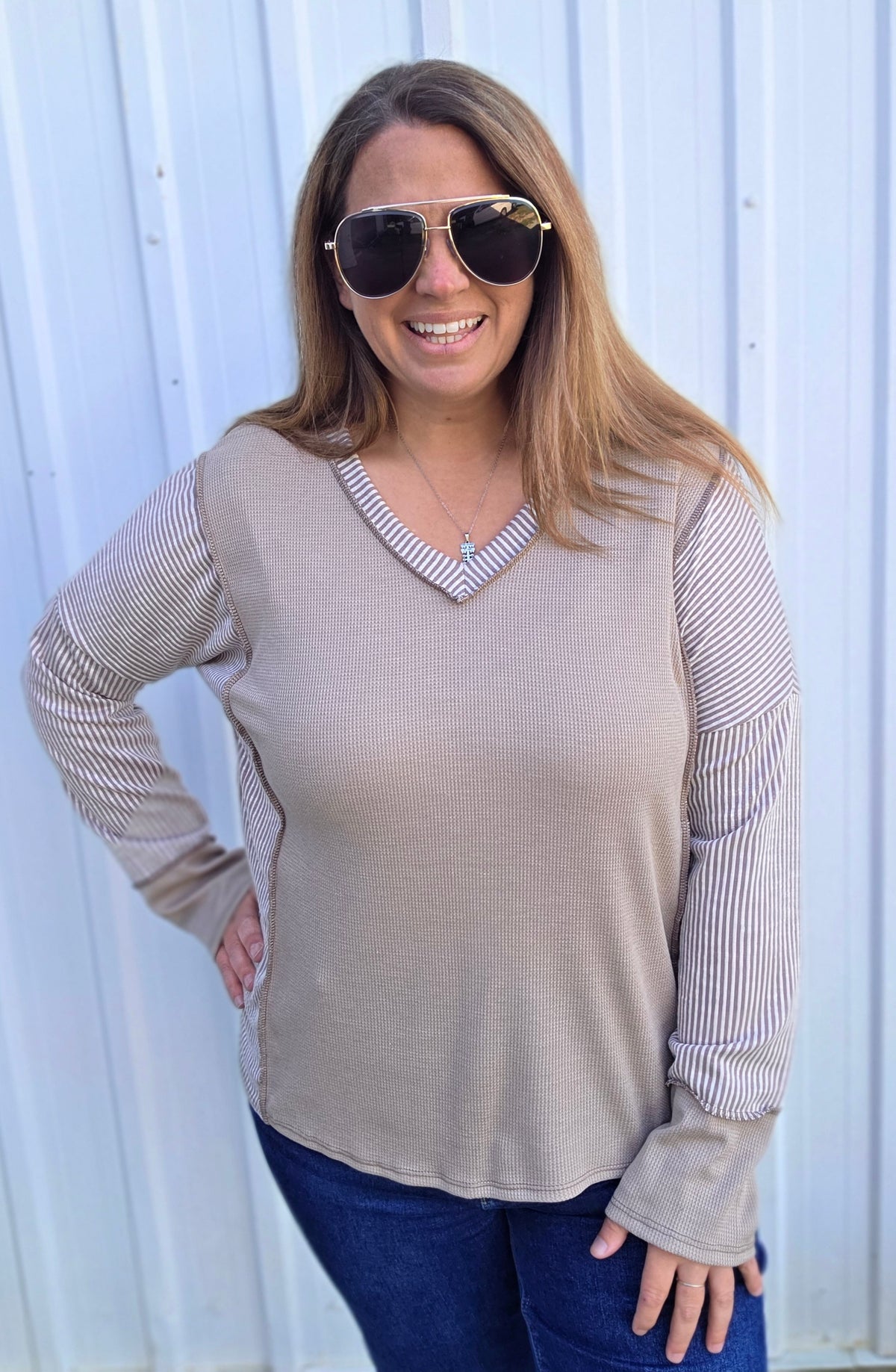 Taupe Waffle Contrast V Neck Knit Top