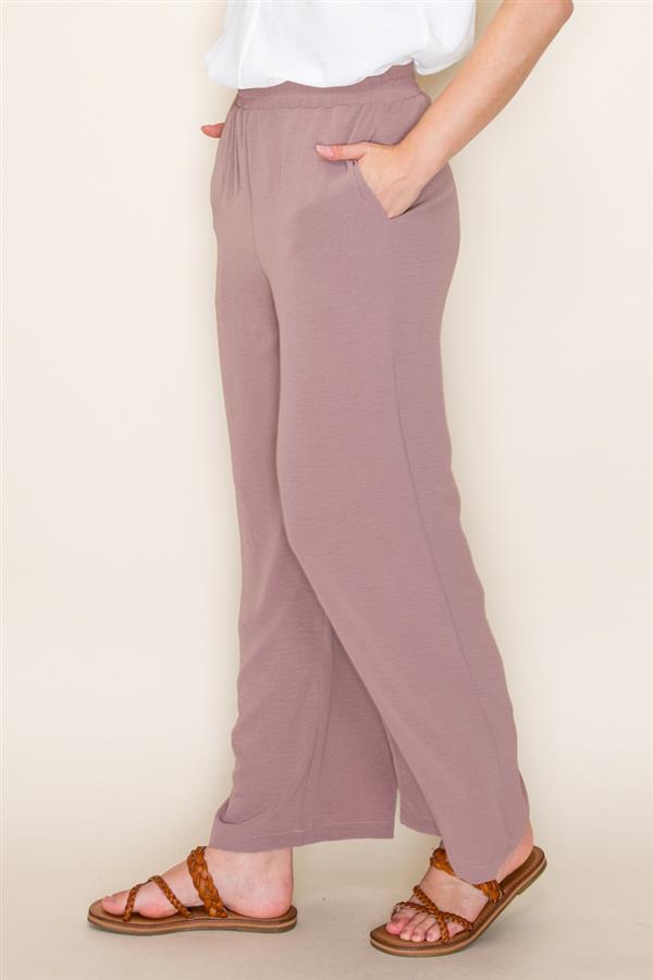 MOCHA ELASTIC WAIST WIDE LEG PANTS