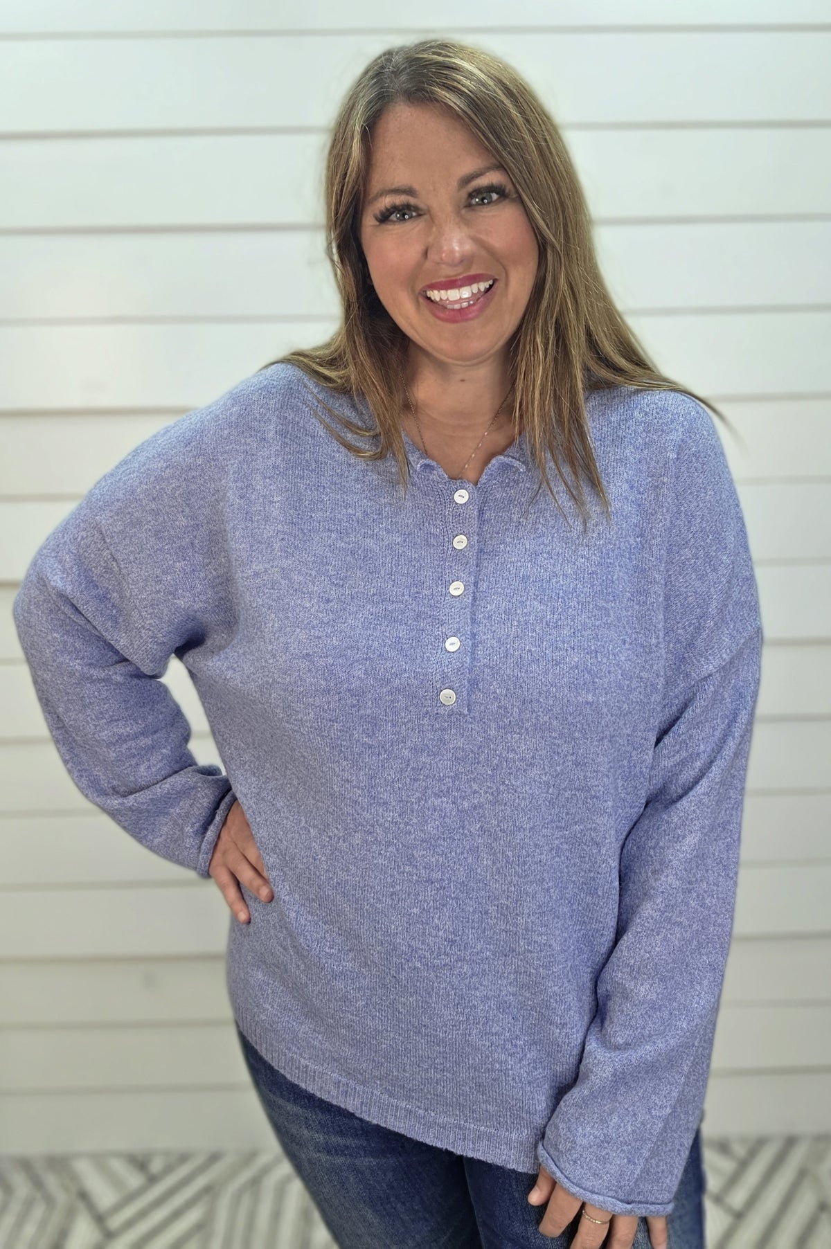 DENIM Raw Rolled Edge Henley Relaxed Pullover Sweater