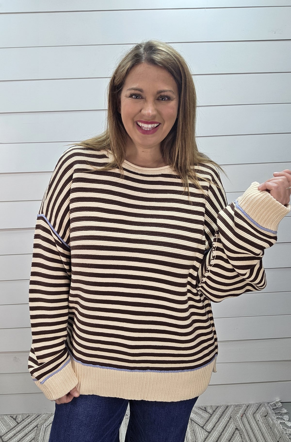BROWN STRIPED KNIT SWEATER W/ LIGHT BLUE TRIM