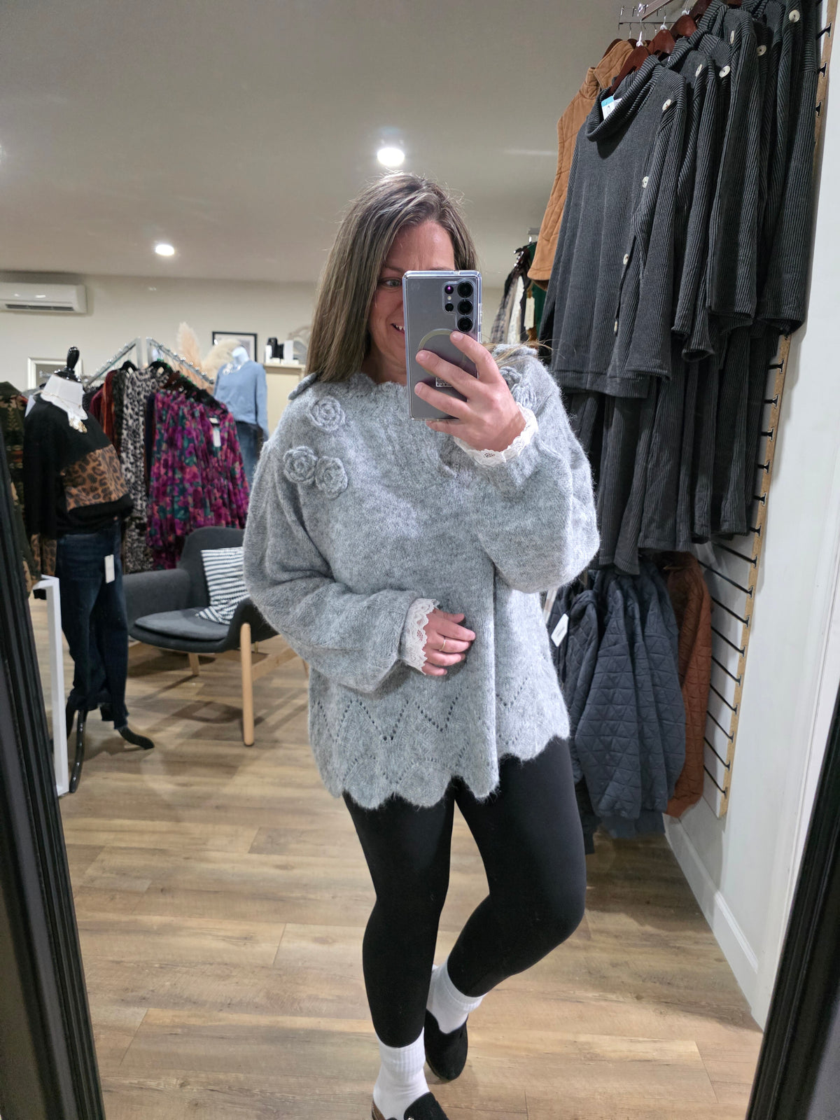 POL HEATHER GREY FLORAL TRIM SWEATER WITH SCALLOPS AND LACE TRIM