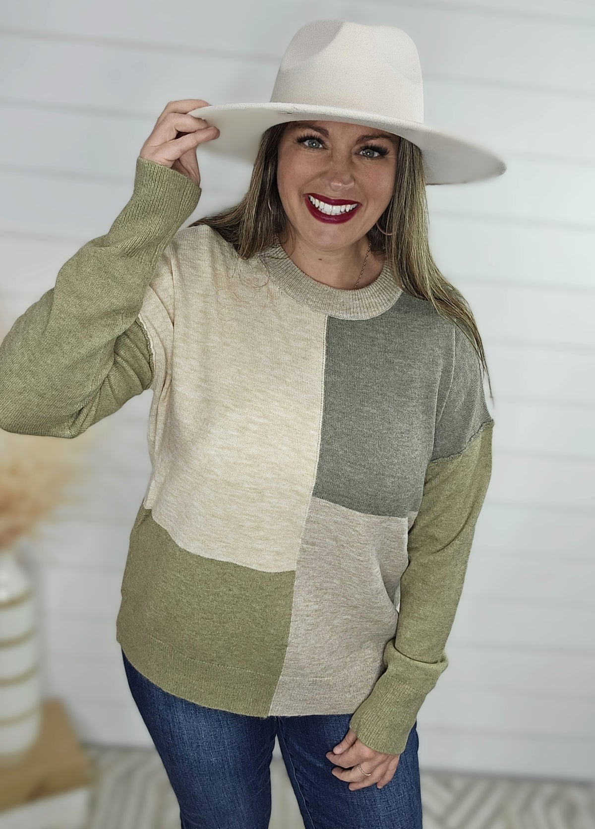 MOSS/OATMEAL BLOCK SOFT KNIT SWEATER