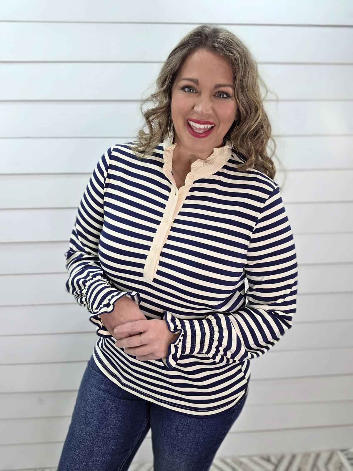 NAVY STRIPED HIGH RUFFLE NECKLINE WITH SMOCKED SLEEVES KNIT TOP