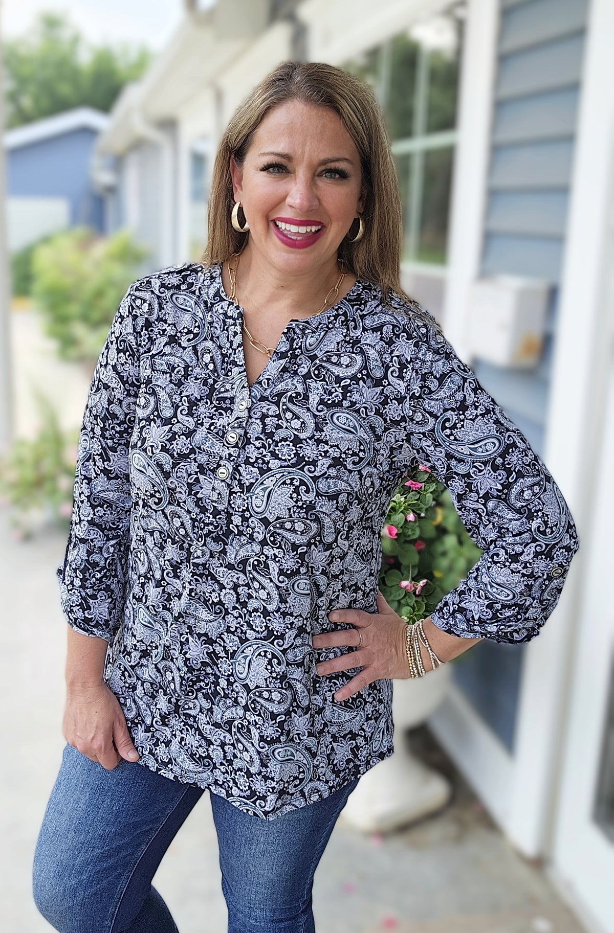 DEAR SCARLETT BLACK/GREY PAISLEY PRINT LUXE LIZZY TOP