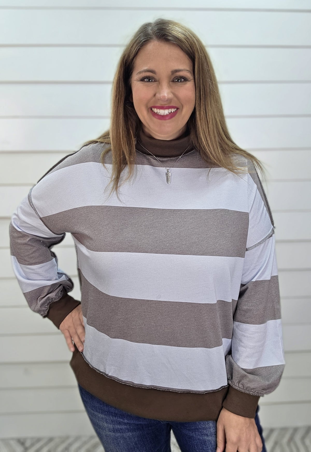 BLUE/BROWN BOLD STRIPE MOCK NECK