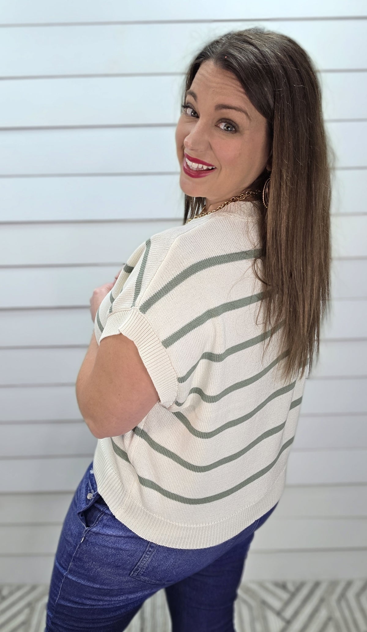 SAGE GREEN STRIPED SHORT SLEEVE SWEATER KNIT TOP