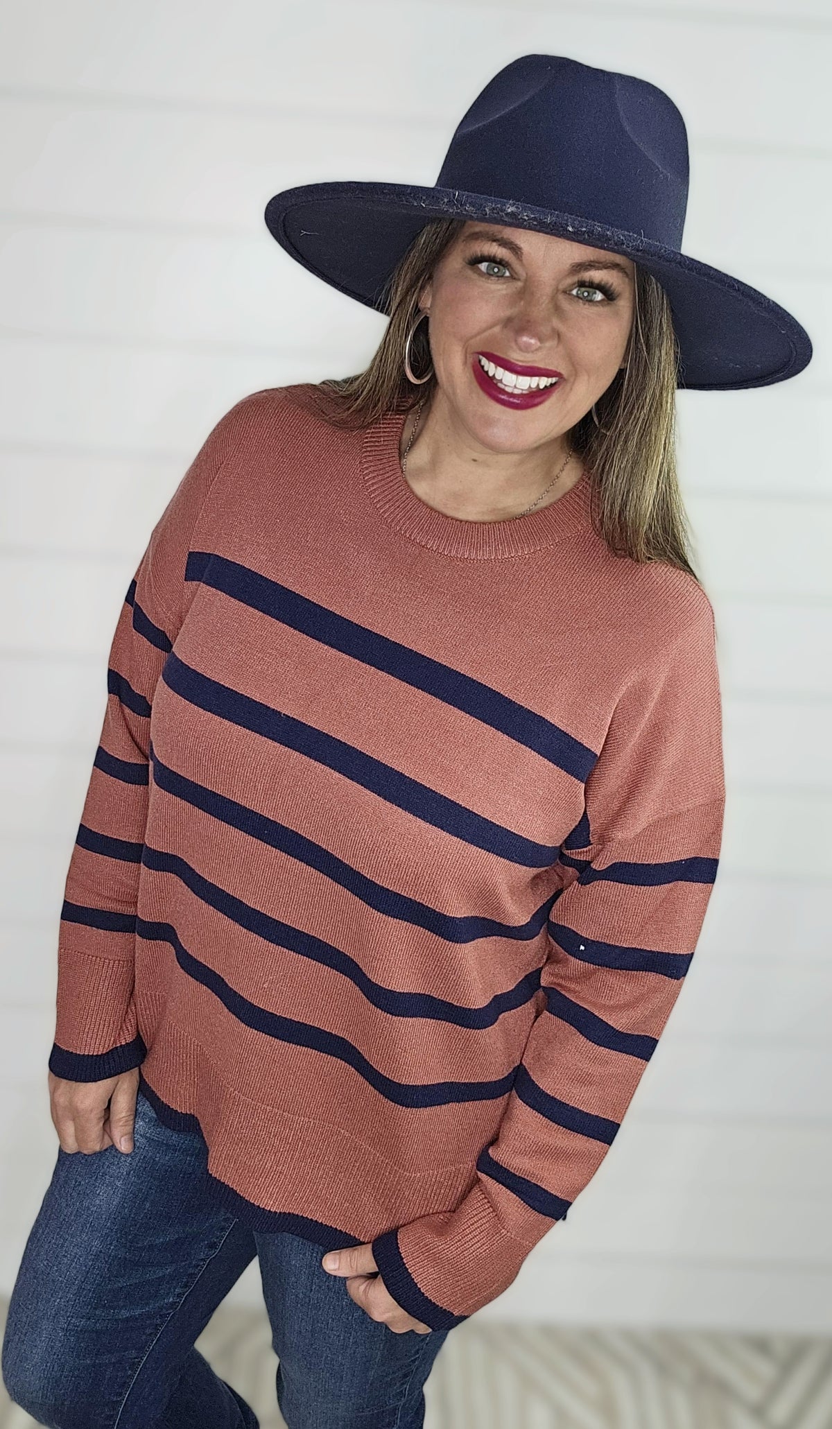 DARK ROSE/NAVY STRIPED CREW NECK SOFT SWEATER