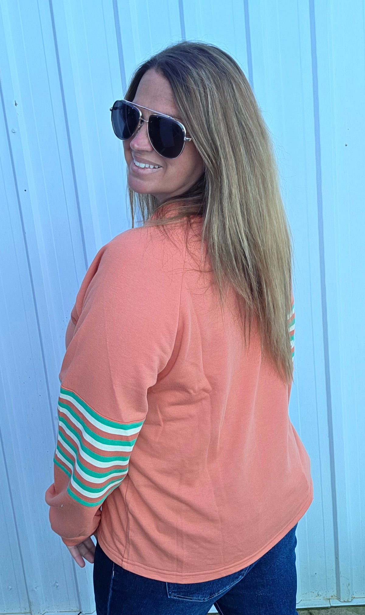 Lt Rust Crew Neck, Raglan Sleeve, Terry Mixed Stripe Top