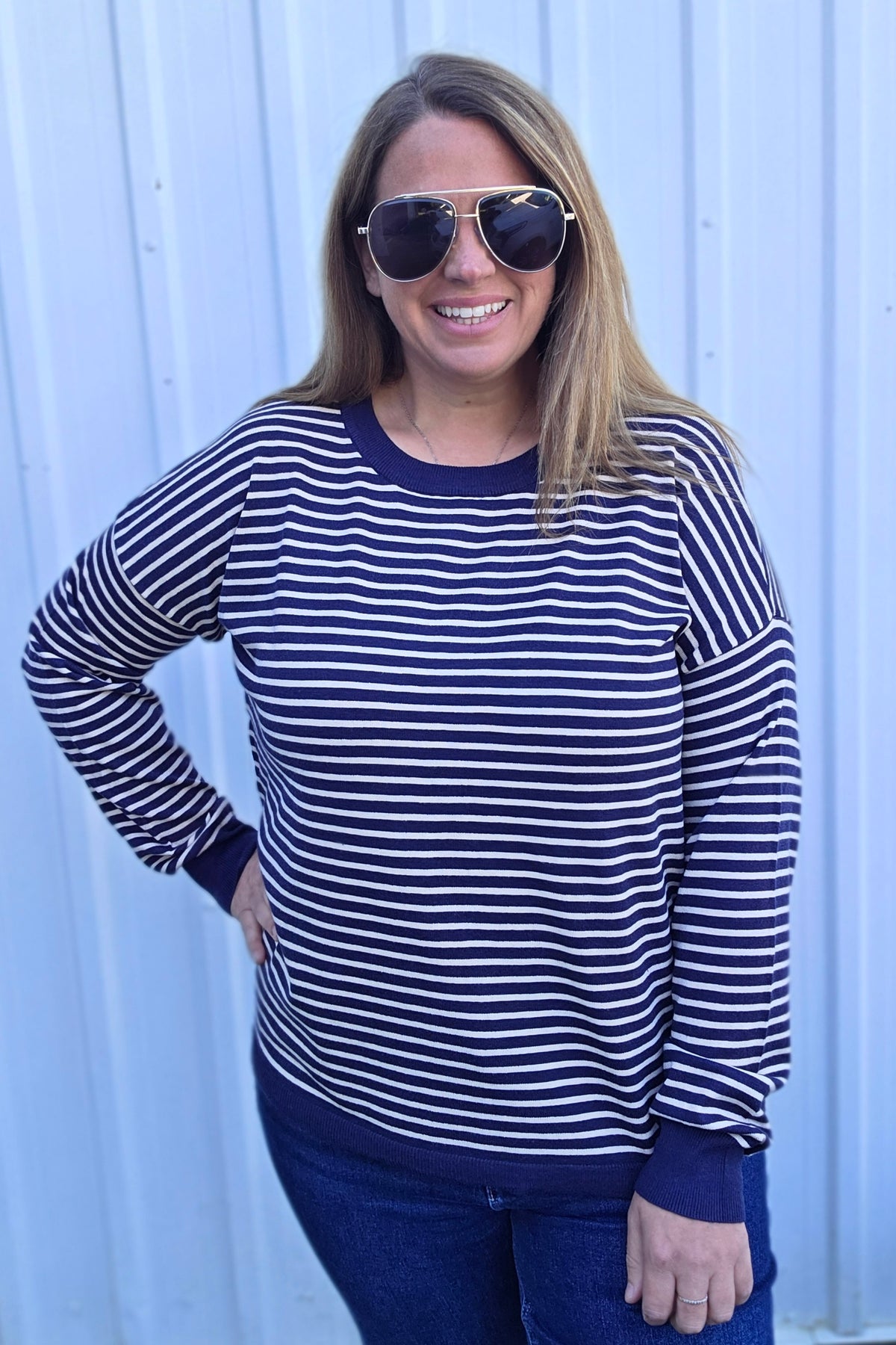 NAVY Crew Neck, Long Sleeve, Light Weight Loose Fit, Striped Pullover Sweater