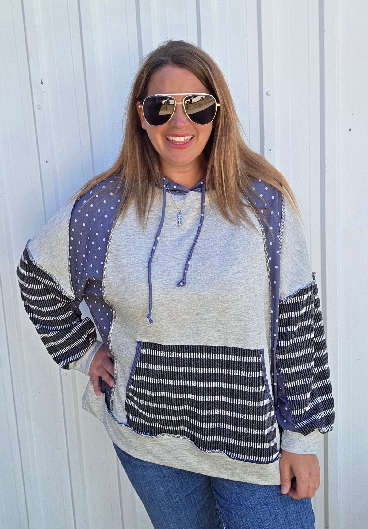 HEATHERED GREY/CHARCOAL Combines Solid French Terry Body With Polka Dot Print Long Sleeves And Striped