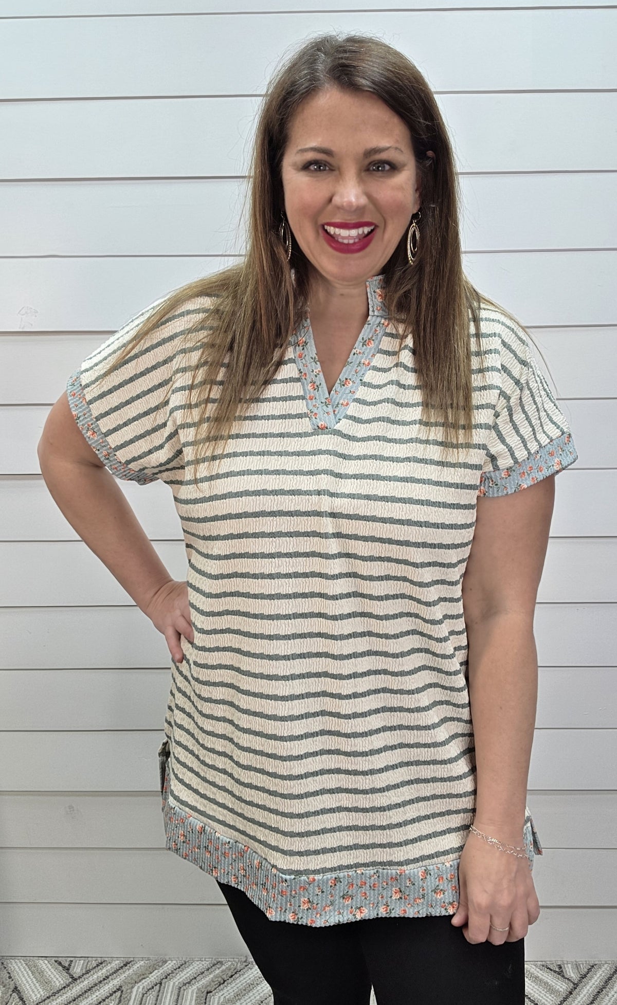 CREAM/SAGE STRIPED TEXTURED TOP W/ FLORAL TRIM