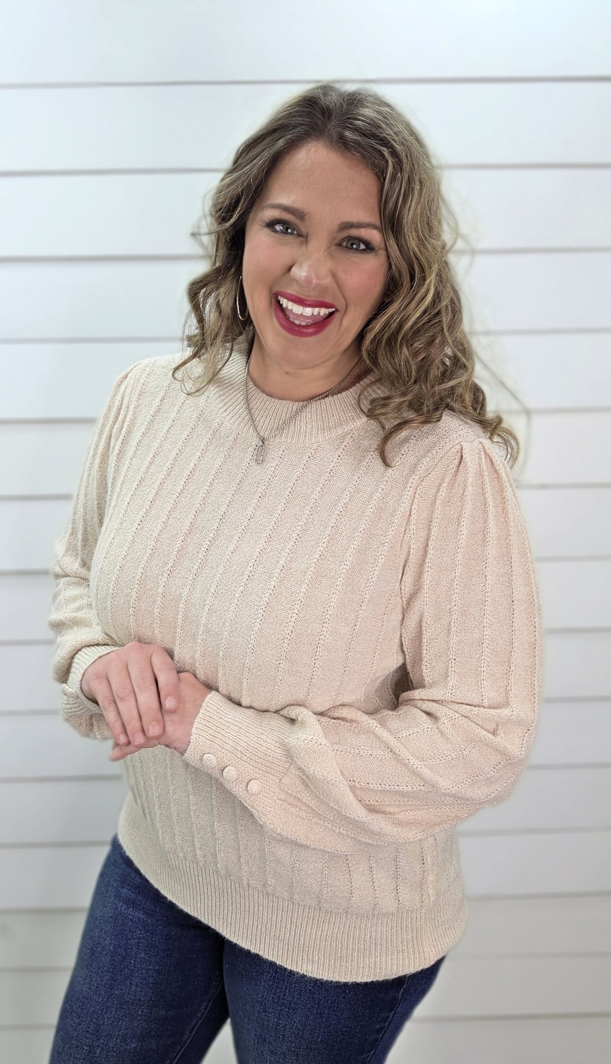 OATMEAL VERTICAL TEXTURED STRIPED BUTTON CUFF PULLOVER KNIT SWEATER