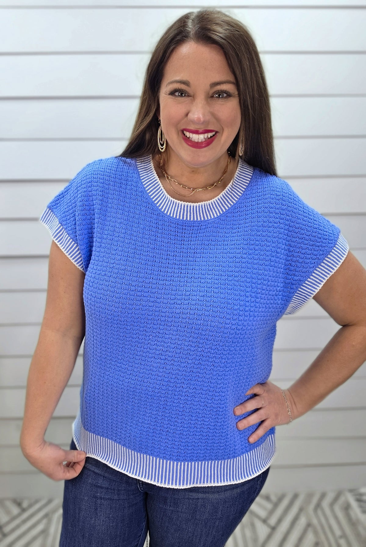 BLUE SHORT SLEEVE SWEATER KNIT TOP