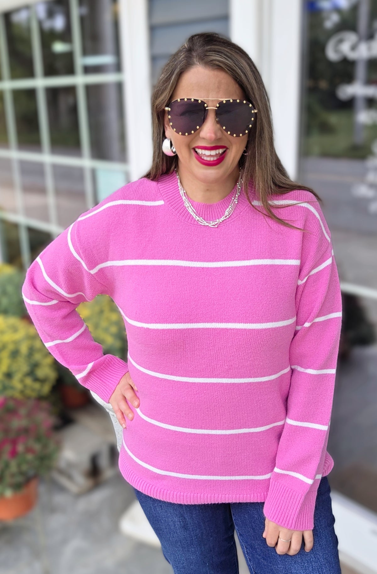 PINK/IVORY STRIPED OVERSIZED SWEATER