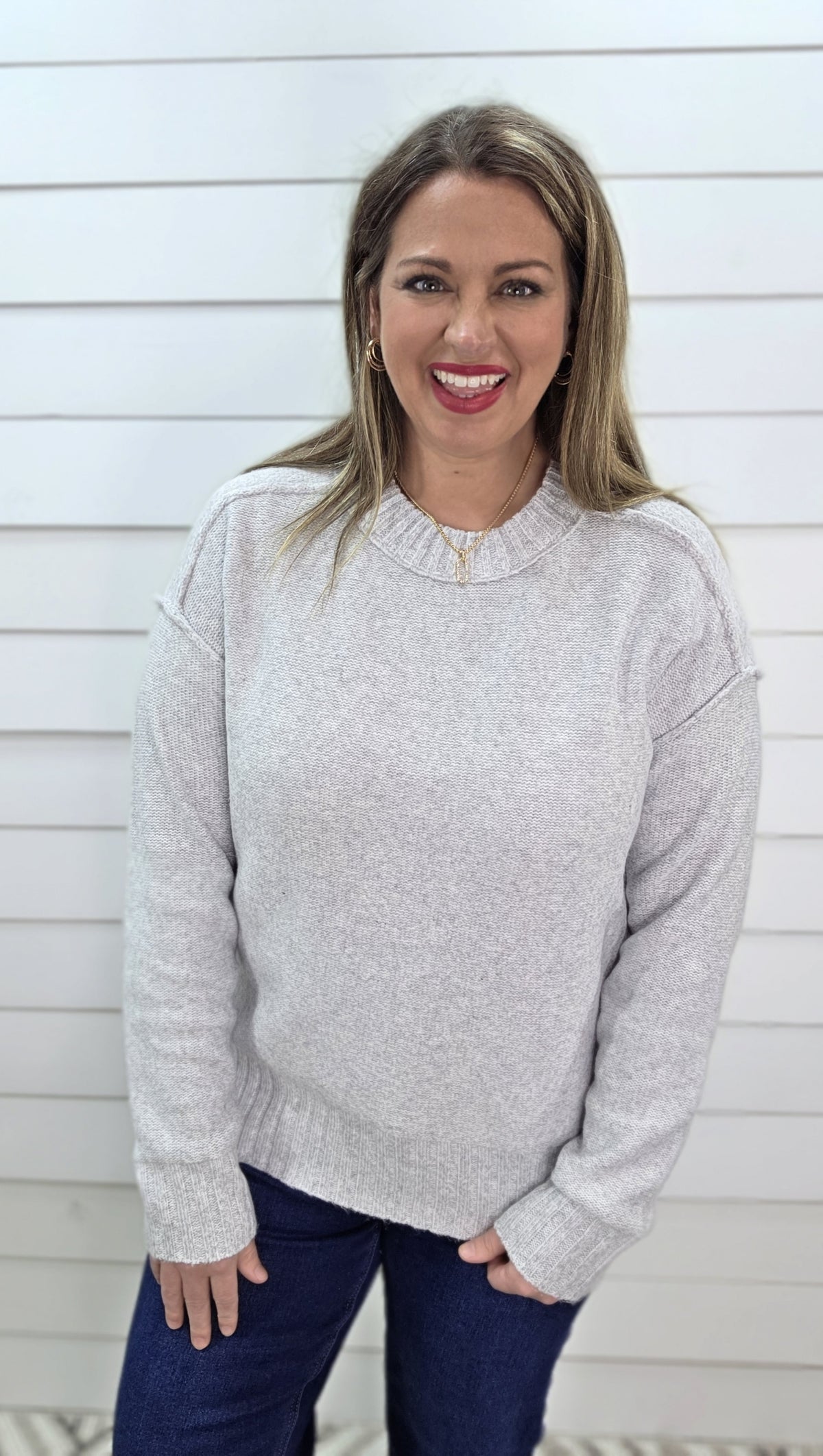 LT GREY ULTRA SOFT SEAM DETAIL PULLOVER SWEATER
