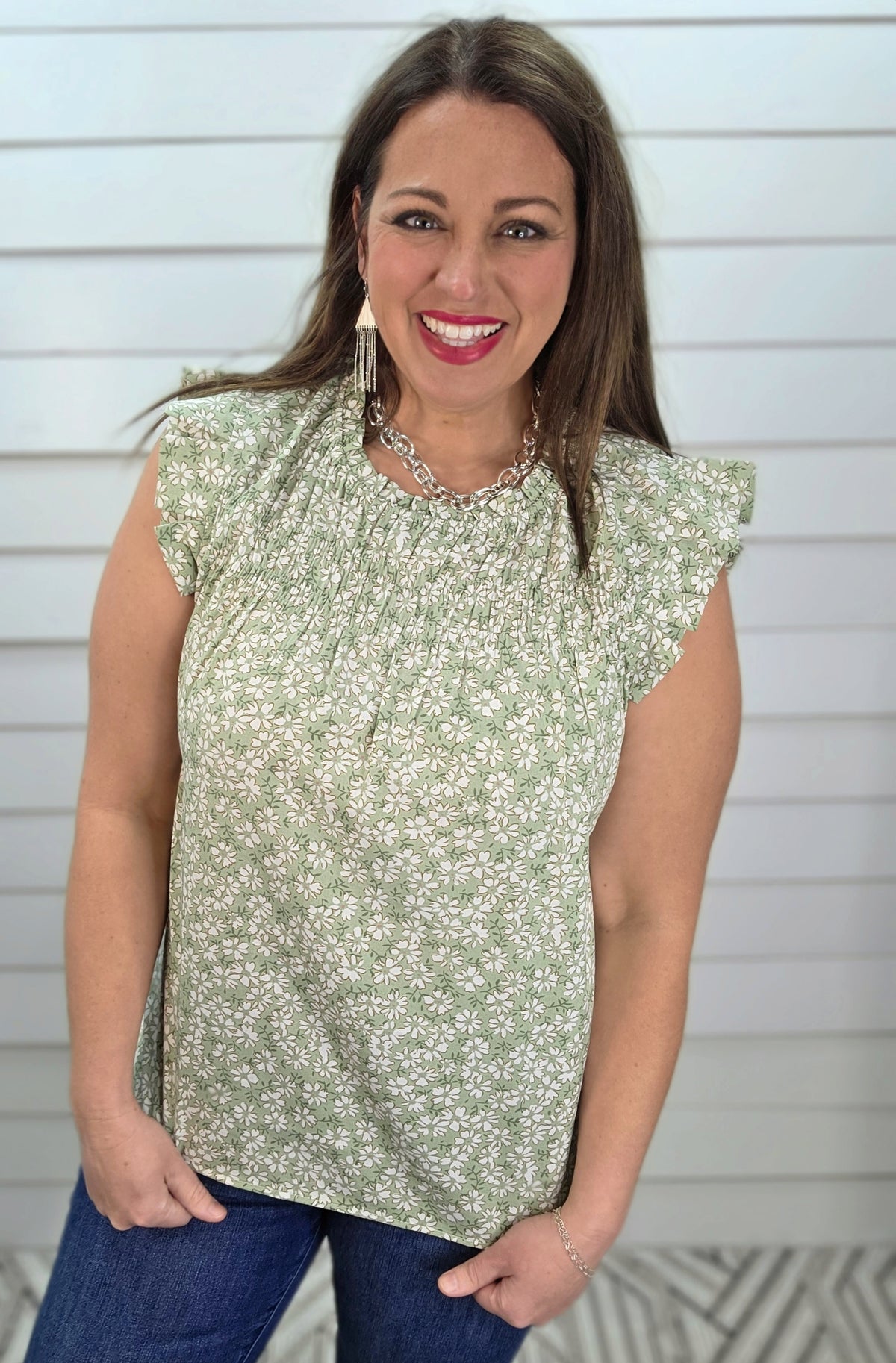 SAGE FLORAL HIGH NECK GATHERED CHEST WOVEN TOP