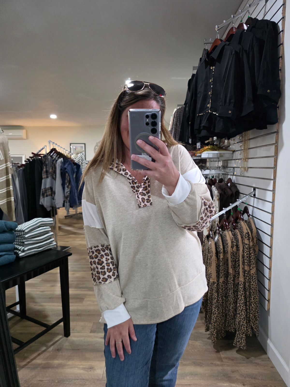 TAUPE OATMEAL/Animal Print Long Sleeves FRENCH TERRY TOP