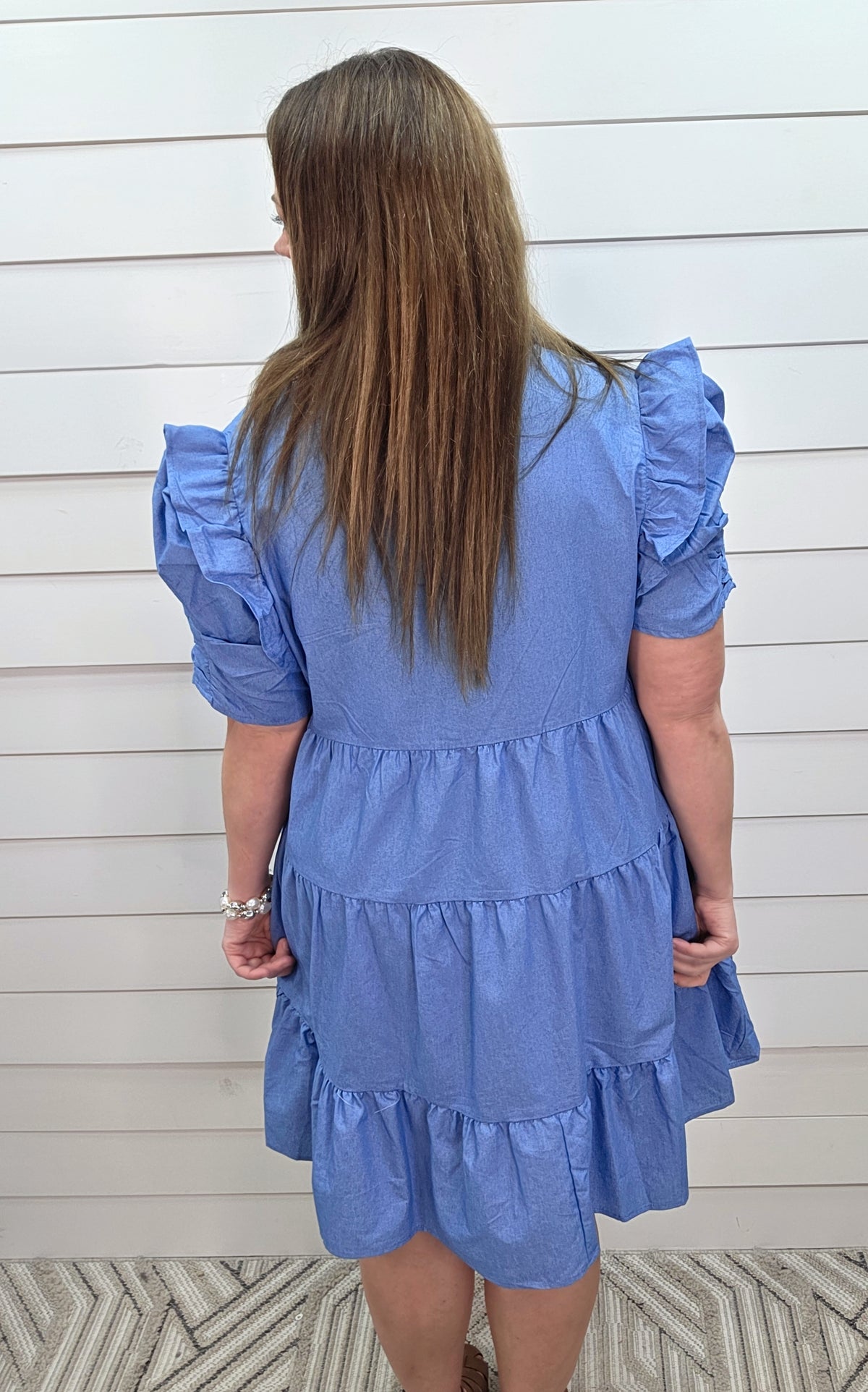 CHAMBRAY BUTTON DOWN FRILLED SHORT SLEEVE WOVEN DRESS