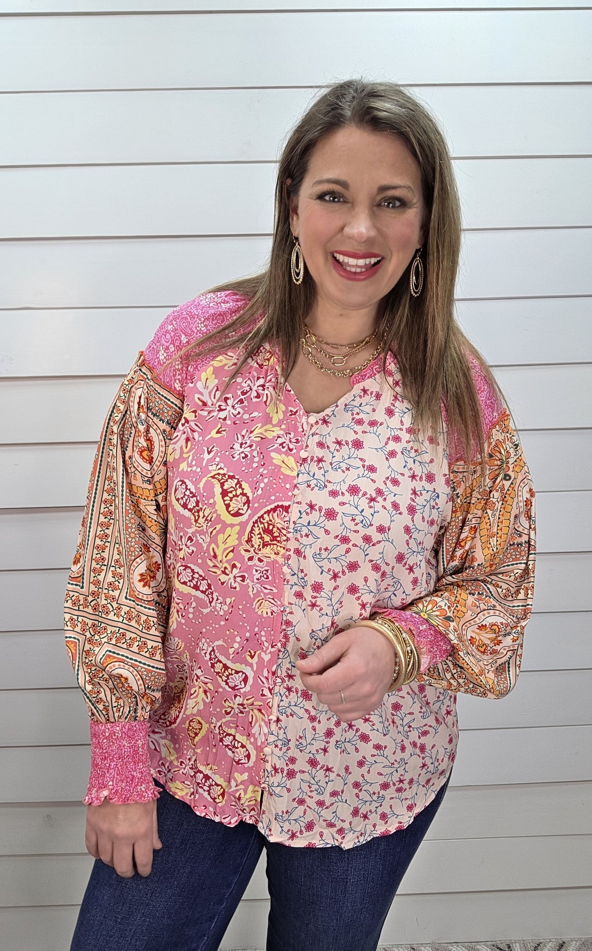 PINK MULTI CONTRAST BUTTON DOWN WOVEN TOP