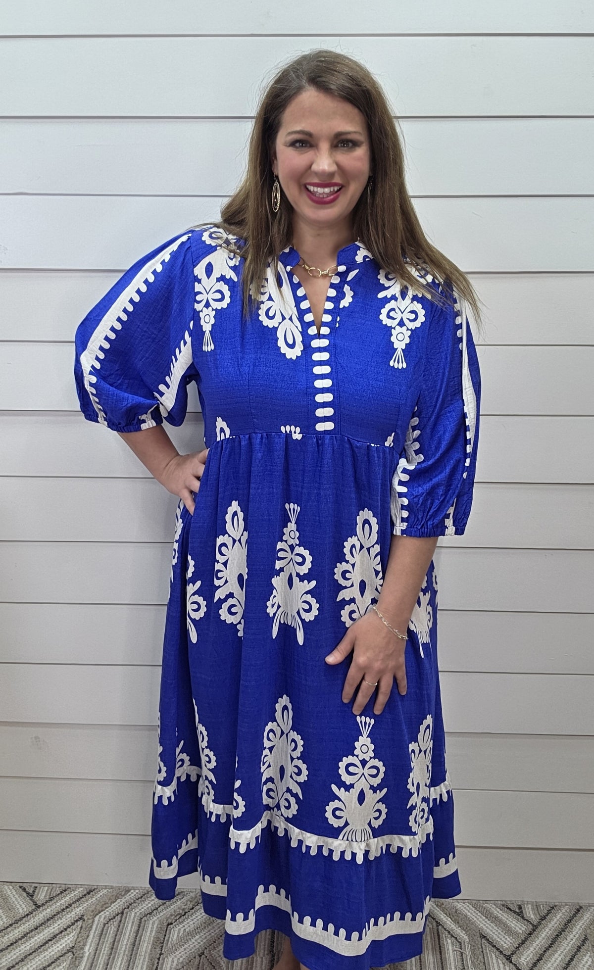 BLUE SCROLL PRINT LONG DRESS