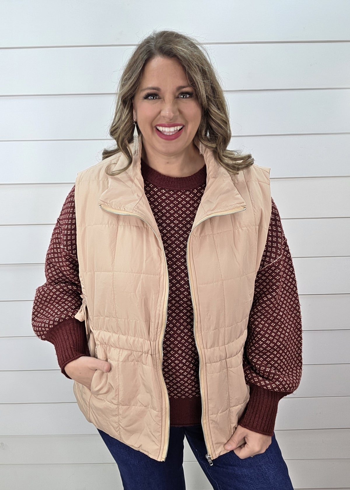 TAN FULL ZIP VEST WITH ADJUSTABLE SIDE TIES