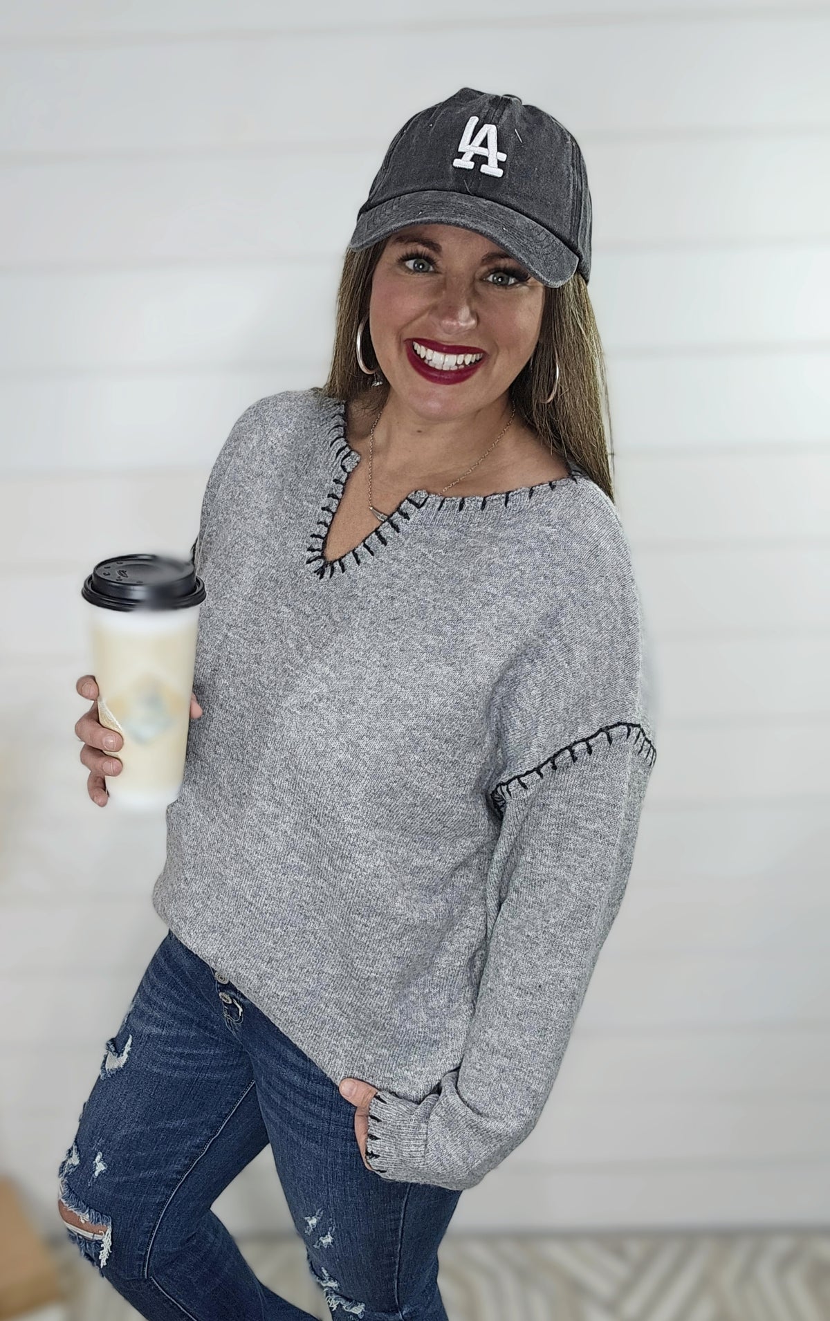 HEATHER GREY BLANKET STITCH NOTCHED NECKLINE PULLOVER SWEATER