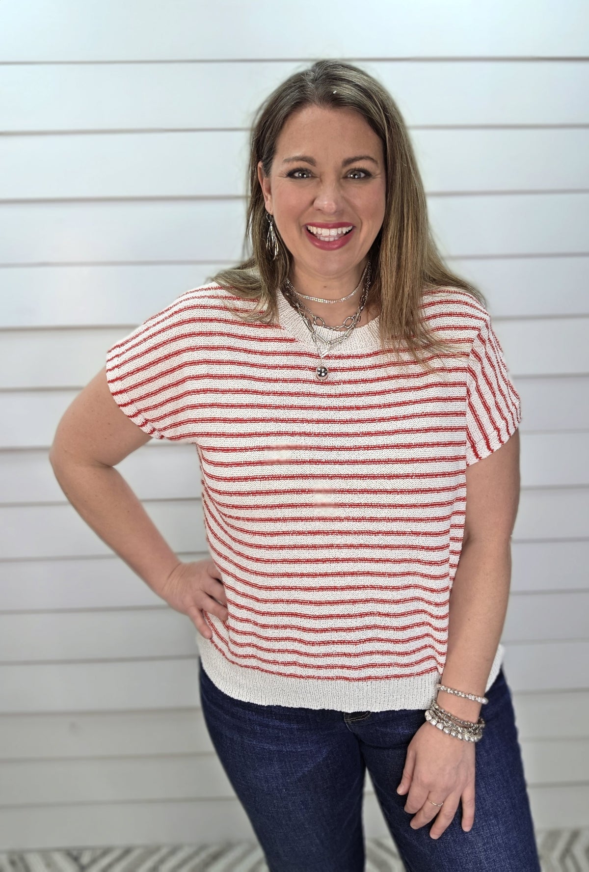 RED/WHTIE STRIPED SWEATER KNIT SHORT SLEEVE TOP