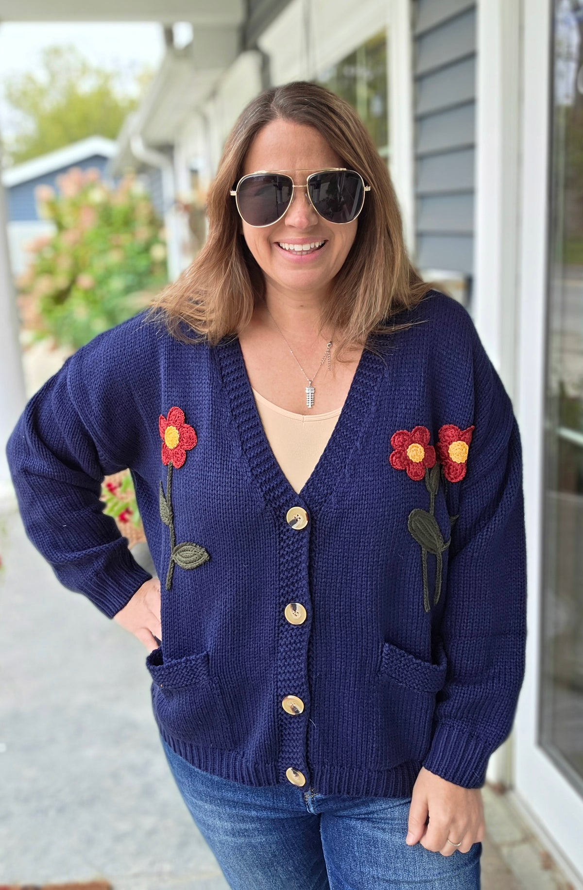 NAVY V Neck Button Down Long Sleeve Oversized Loose Fit Sweater Cardigan With Flower